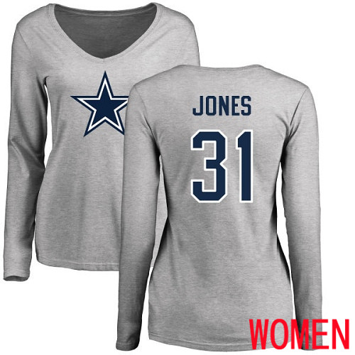 Women Dallas Cowboys Ash Byron Jones Name and Number Logo Slim Fit #31 Long Sleeve Nike NFL T Shirt->women nfl jersey->Women Jersey